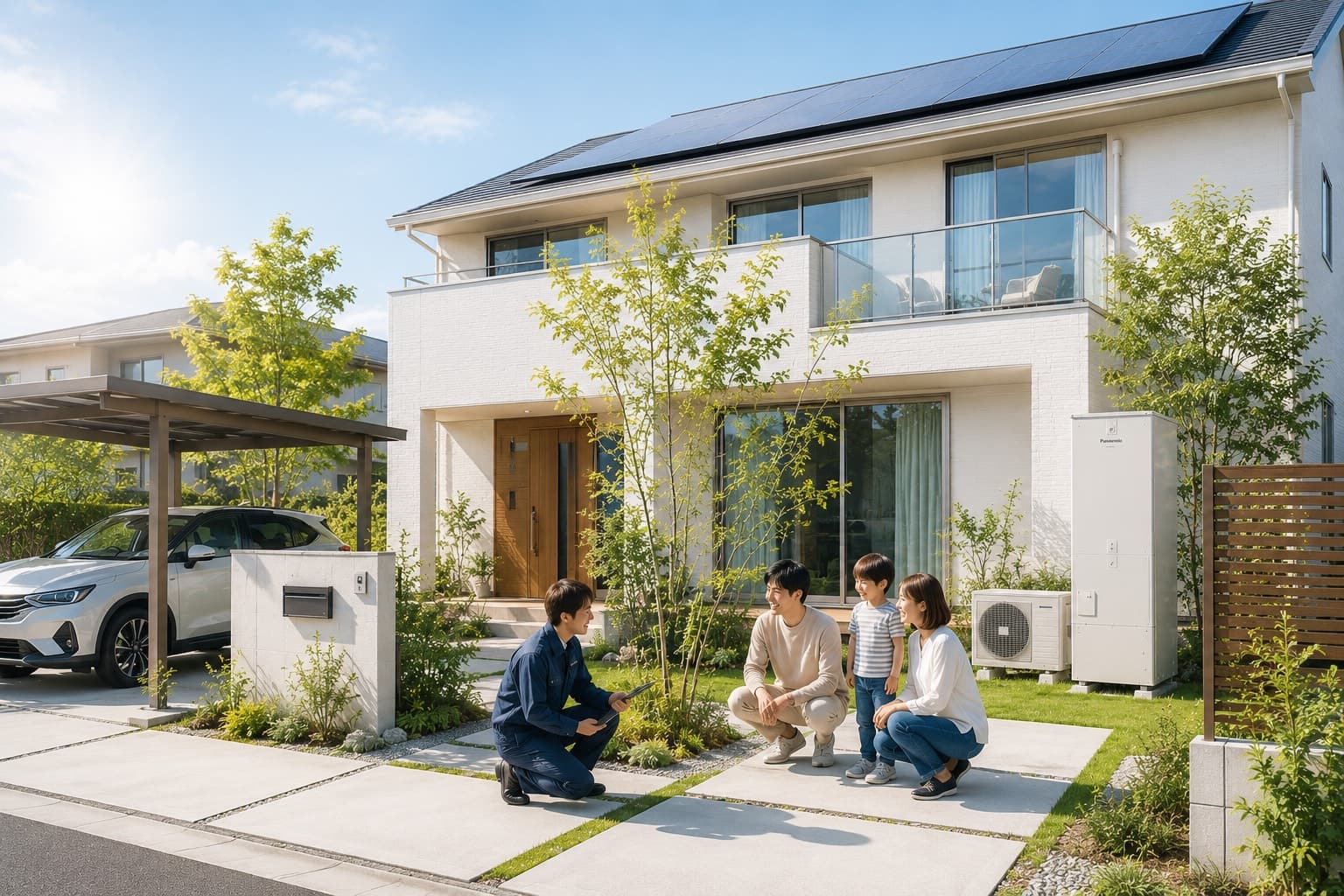 太陽光・エコキュートを備えた住まいと、ご家族・スタッフの様子