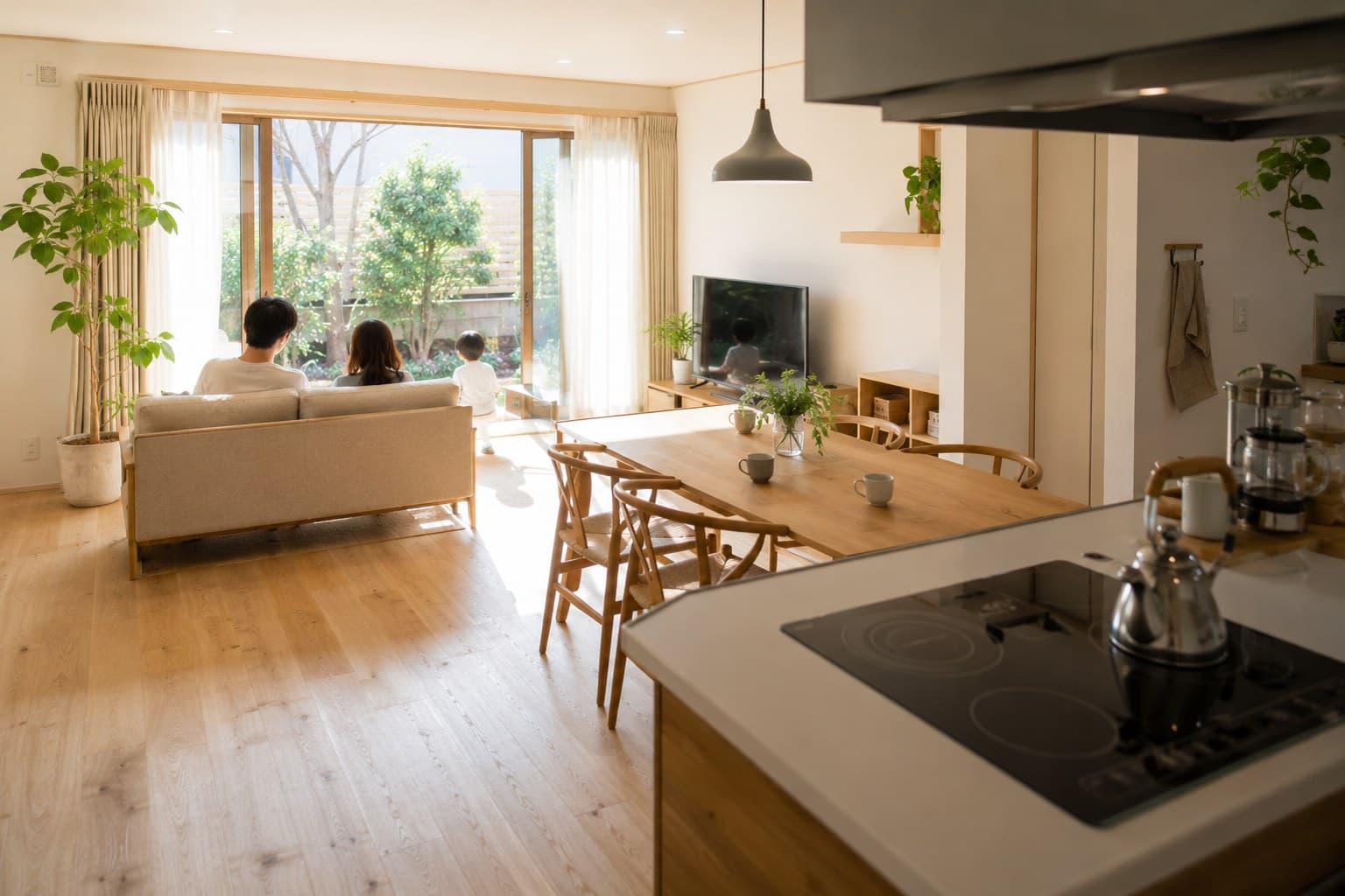 オール電化住宅でくつろぐ家族のイメージ